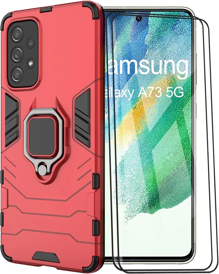 ESTH® Kompatibel mit Samsung Galaxy A73 5G Hülle mit 2 Pack Panzerglas [Strapazierfähig] Ring Ständer Case [für Handyhalterung Auto Magnet] Militär Stoßfest Handyhülle, Rot