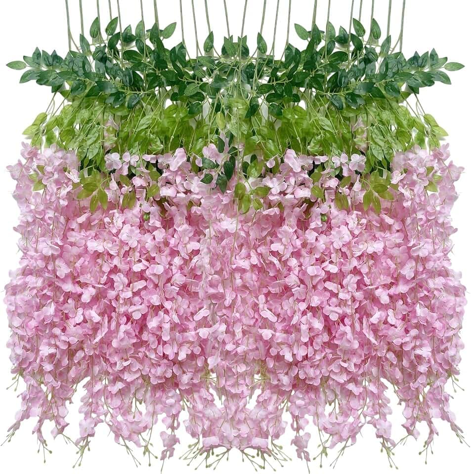 Artificial Wisteria Hanging Flowers Fake Wisteria Flower Garland Silk Vines Rattan Decor for Home Wedding Arch Wall Garden Greenery Bedroom Outdoor Office Party Decoration (12, Light Pink)