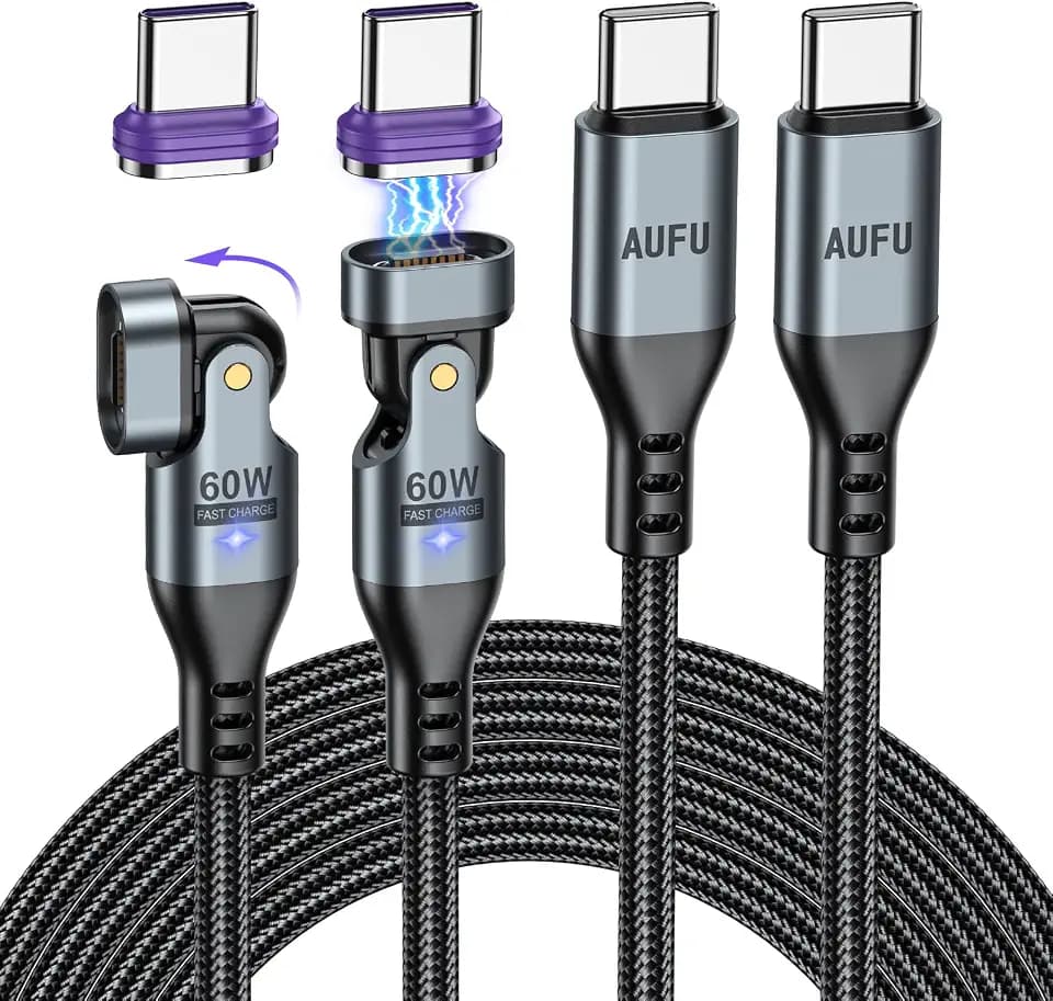 AUFU 60W Ladekabel Magntisch USB C, 16 PIN USB C Magnet Ladekabel [2Stück 1M+2M], Kabel Magnetisch 20V/3A Schnelllade und Datenübertragungs Magnetisches 180° Drehbar für Phone 16 15/Galaxy S24
