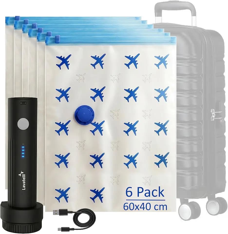 Lavatelli Reise Set Handgepäck mit kabelloser USB-C Pumpe & 6 Vakuumbeuteln 40x60 cm für Trolley 55x40x20, platzsparendes Kit für Kleidung, Daunen & Saisonwechsel