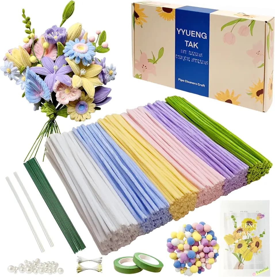 500 Stück Pfeifenreiniger Blumen Set(6 Farben),Pfeifenputzer zum Basteln Blumen,pipe cleaners flower,mit Anweisungen,pompons,20 Stück Blumendraht,2 verschiedene Staubblatt,Klebeband