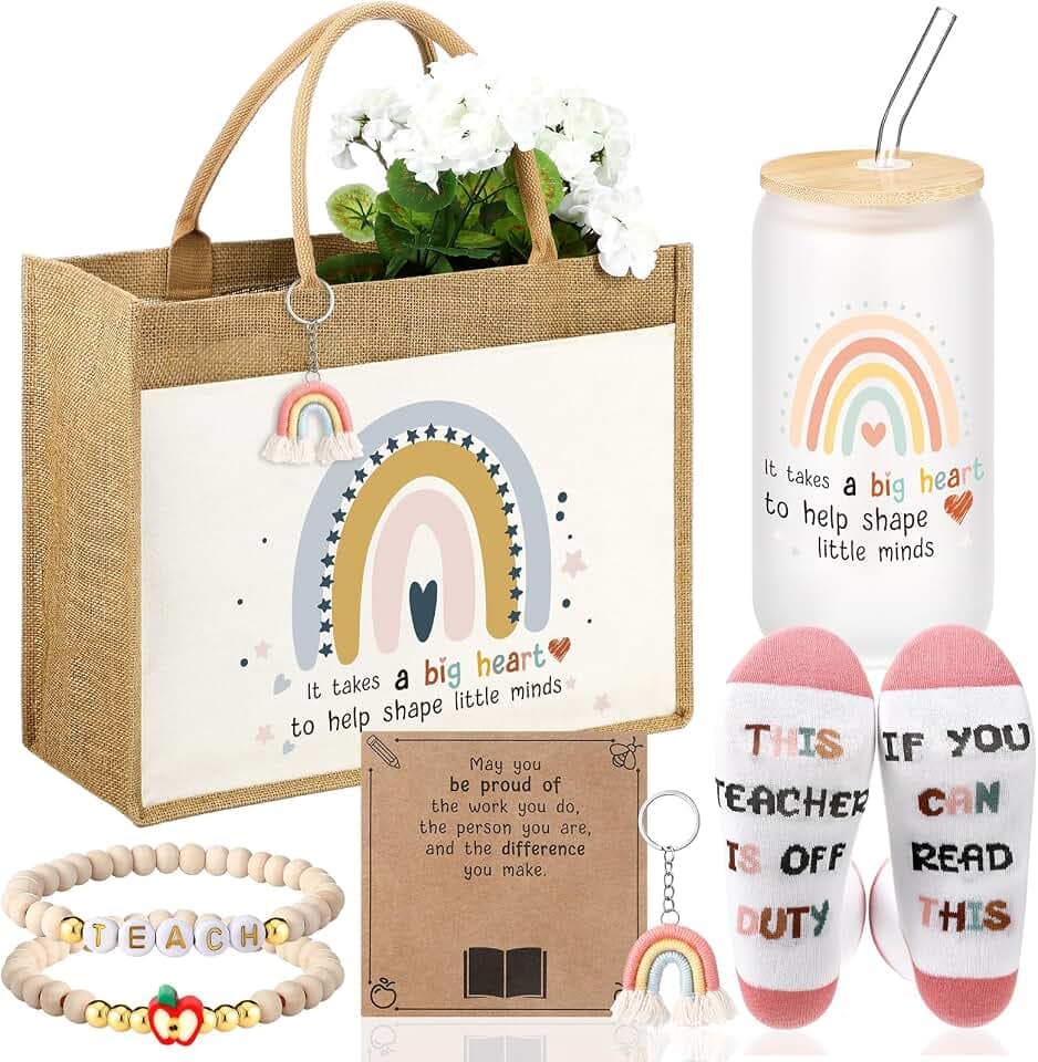 Landical 6 Pcs End of Year Preschool Teacher Gifts Personalized Teacher Appreciation Gifts for Women Thank You Large Jute Bag Socks Bracelets Glass Cup Keychain Graduation Ideas Retirement Prensent