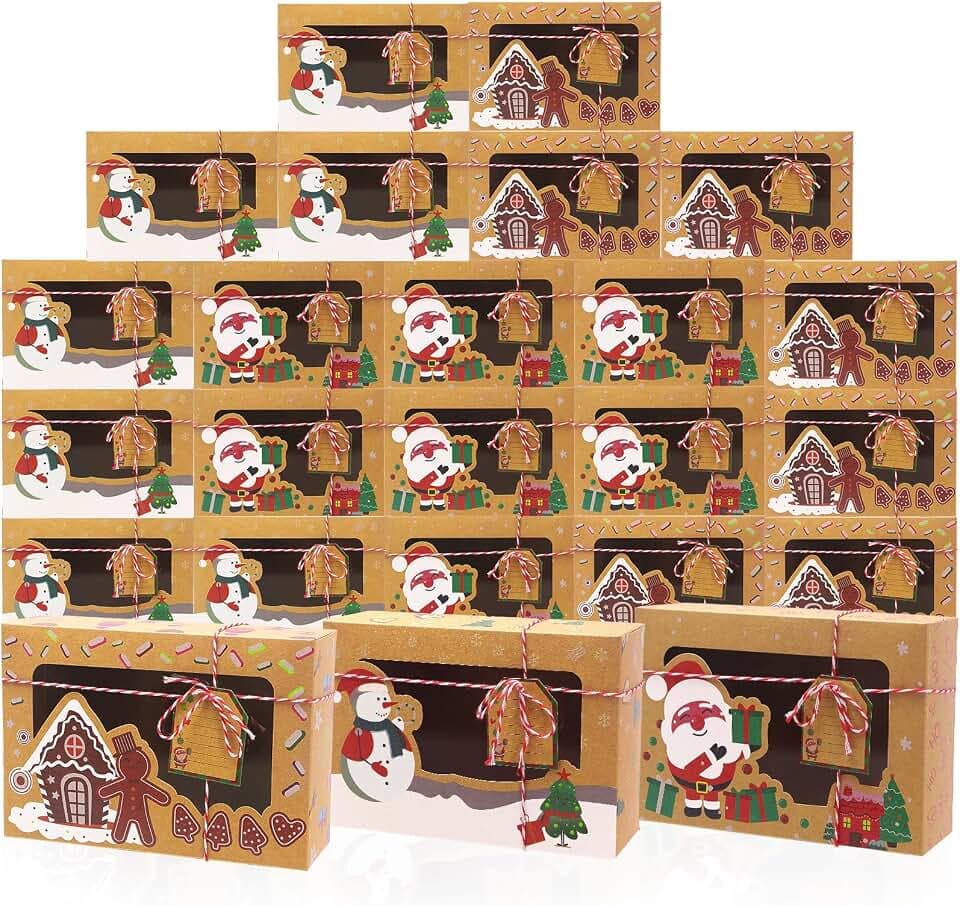24 Stück Weihnachtskeksschachteln mit PVC-Fenster, Kraftpapier, Geschenkschachteln, Schokoladenschachteln, DIY-Keksschachteln mit Geschenkanhängern für die Feiertage, 3 Styles, 22 x 15 x 7 cm