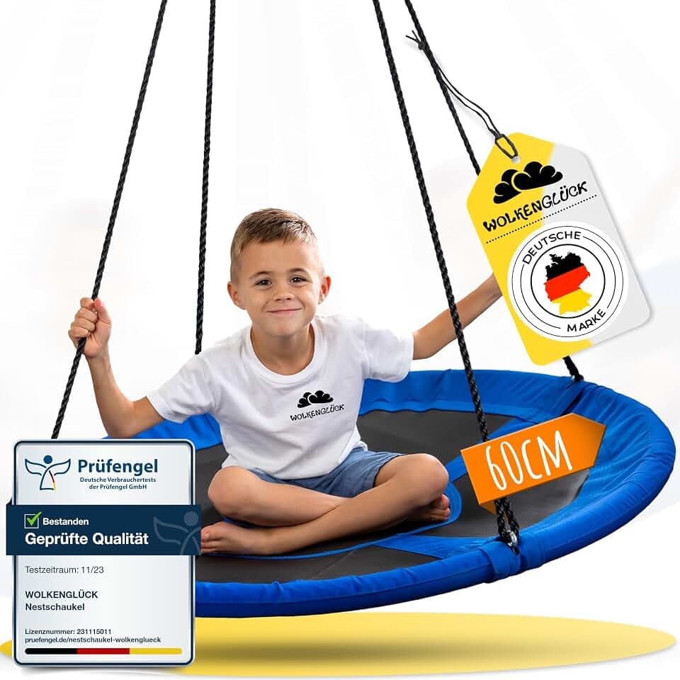 WOLKENGLÜCK® Nestschaukel [Ø 60 cm] - Höhenverstellbare Schaukel Outdoor & Indoor für Kinder und Erwachsene (max. 150 kg) - Tellerschaukel inkl. Montage-Zubehör [Blau]