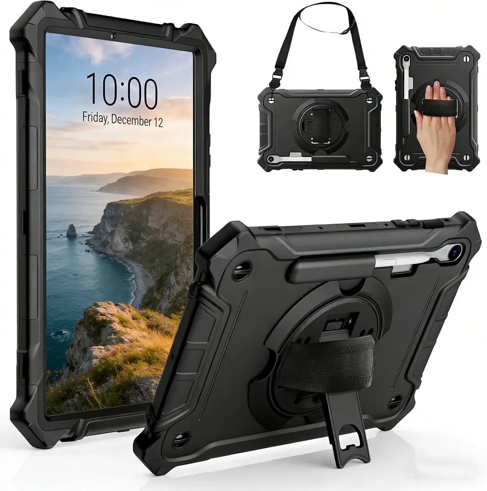 ZtotopCases for Samsung Galaxy Tab S10 Lite / S10 FE / S9 FE 10.9-Inch, 360° Rotate Hand Strap &Stand, Heavy Duty Full Body Protective Cover with Pencil Holder, Black