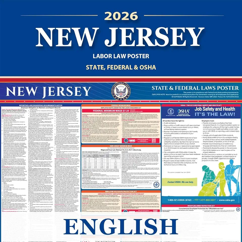 New Jersey Labor Law Poster State, Federal, OSHA Compliant, 2026 All-in-One 24x36 inch UV Waterproof Laminated (English)