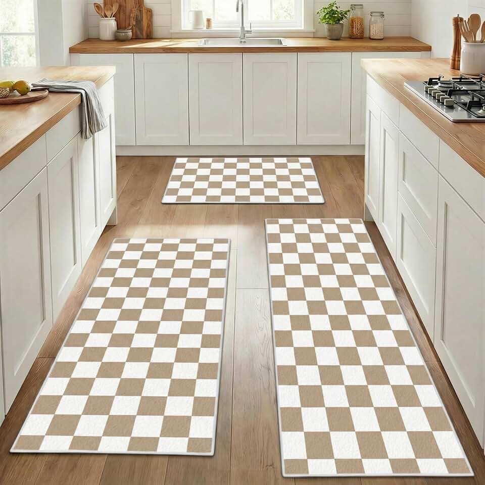 Kitchen Rugs Sets of 3 Non Slip Washable Mats for Floor, Beige