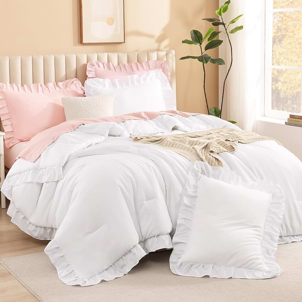 Litanika Full Comforter Set, 3 Pieces White Ruffle Bedding Set