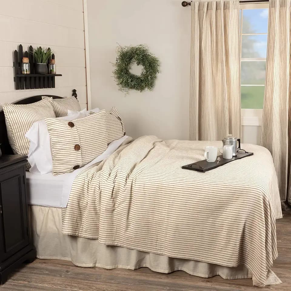 Piper Classics Katie's Vintage Stripe Twin Coverlet Bedspread, 90" x 70", Urban Rustic Farmhouse Bedding, Natural Cream w/Black Stripes Blanket