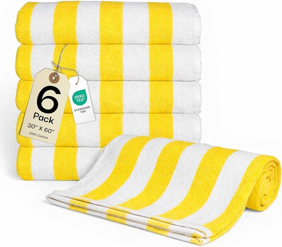 30"x60" Oversized Beach Cotton Cabana Striped Towels 6 Pack (Lemon Yellow)