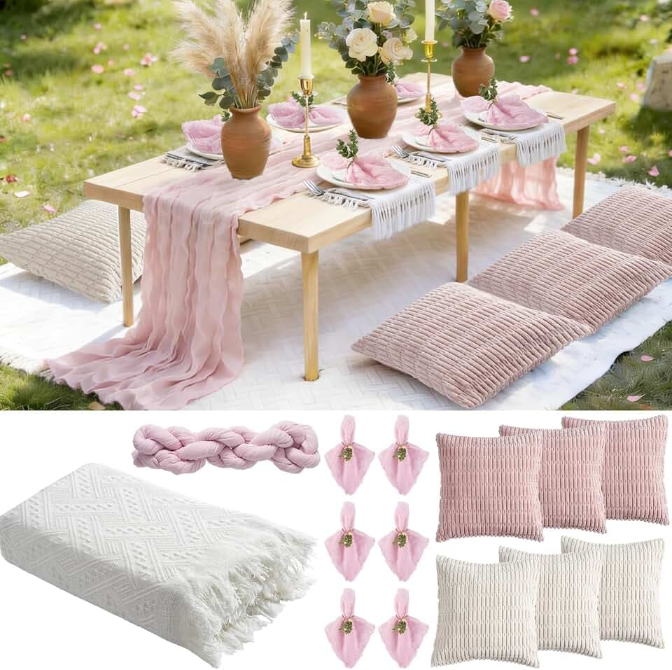 91x 71 Extra Large Outdoor Boho Picnic Blanket with 6 Throw Pillow Covers, Pink White Table Runner, 6 Napkins, 6 Napkin Rings, Cotton Yarn Oversize Beach Blanket for Outdoor Party Camp Wedding
