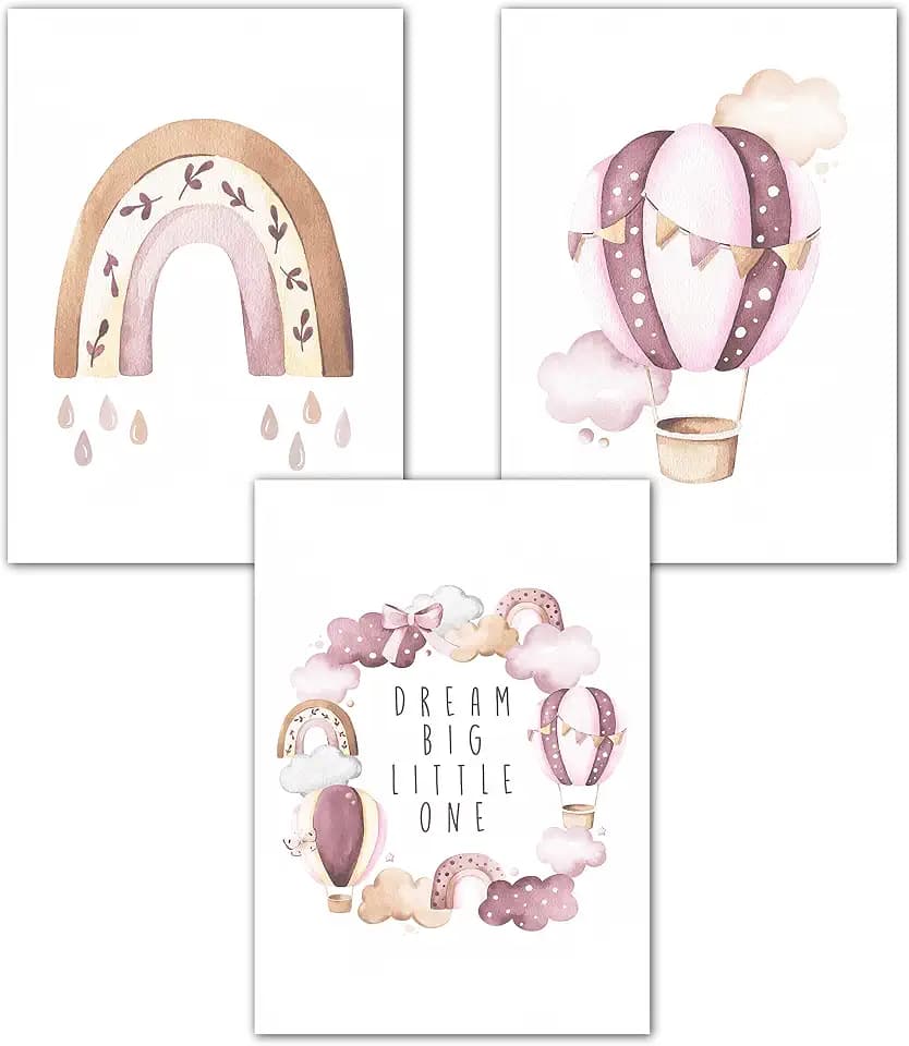 double critical Lemmami Papeterie 3er Set Boho Deko Wandbilder Kinderzimmer Babyzimmer Poster Bilder Mädchen Junge Dream Big Little One (Rosa Heissluftballon Regenbogen)