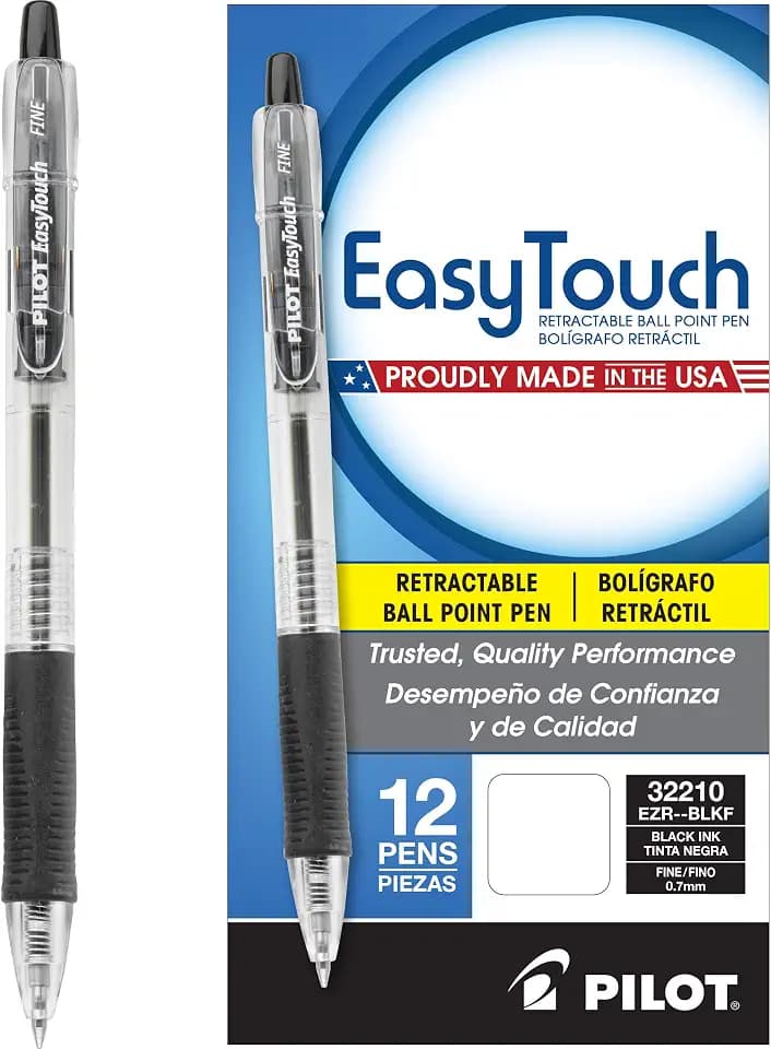 PILOT EasyTouch Ballpoint Pens, Fine Point 0.7mm, Black Ink, 12-Pack