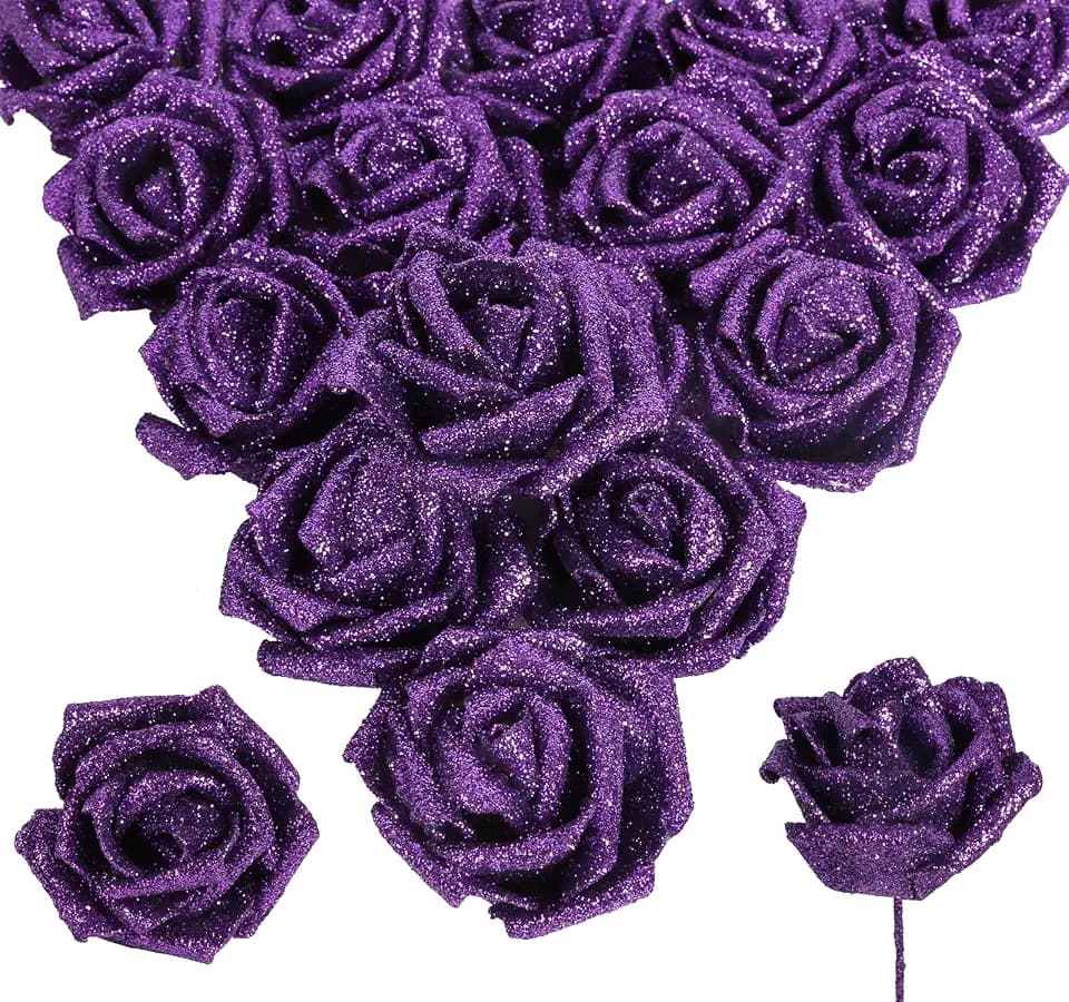 30pcs Glitter Purple Roses Foam Flowers with Stems Foam Fake Roses Real Looking Purple Flowers for Bridal Shower Centerpieces Wedding Bouquet Table Decorations for Party (Purple)