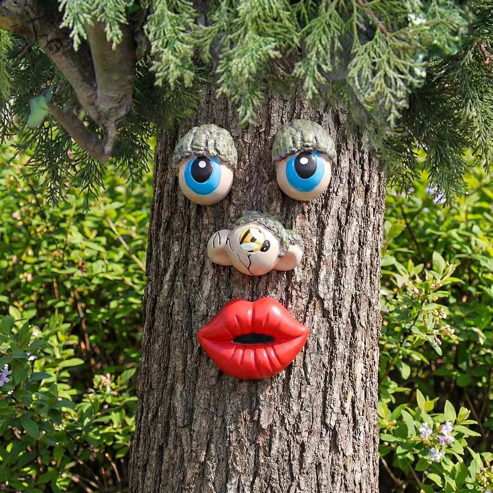 Hollowfly 4 Pcs Tree Faces Decor Outdoor Yard Art,Funny Style