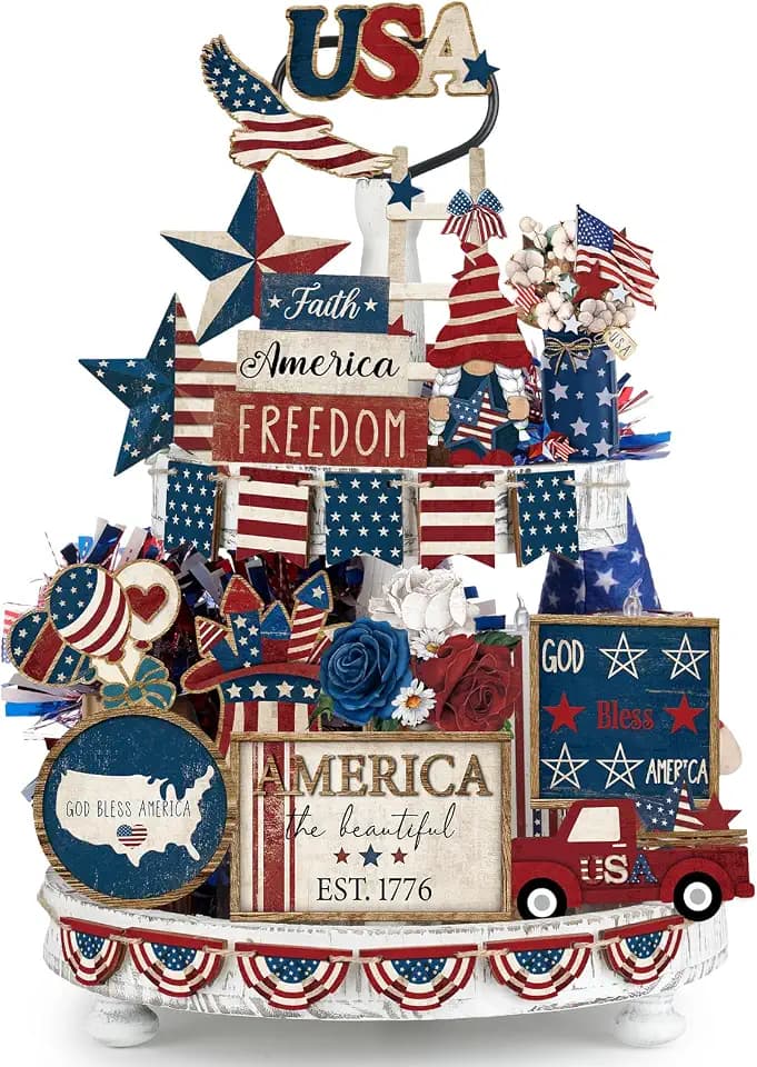 26 Pcs 4th of July Tiered Tray Decor Patriotic USA Wood Signs