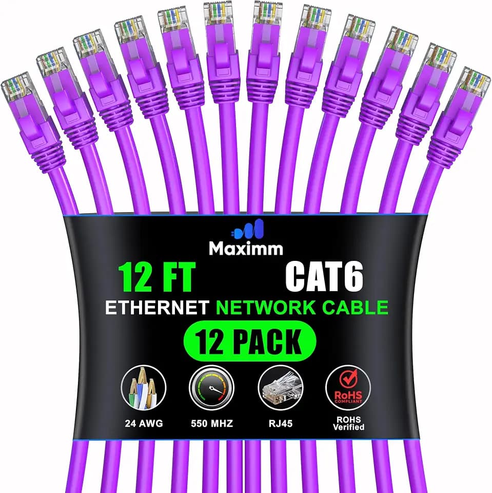 Maximm Cat6 Ethernet Cable 12 Ft, 10 Gbps 550 MHz, Purple, 12 Pack