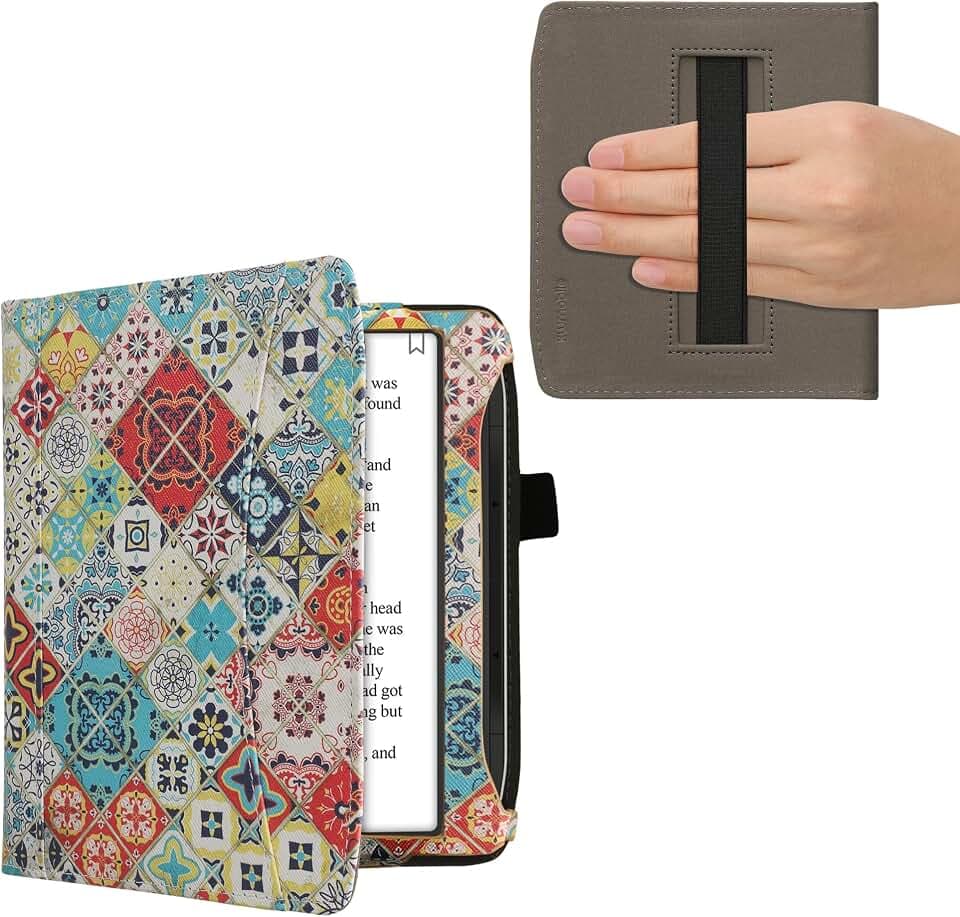 kwmobile Flip Hülle kompatibel mit Pocketbook Era/Era Color/Era Lite - Vorderfach Handschlaufe - Holz Marokkanische Fliesen Mehrfarbig Braun