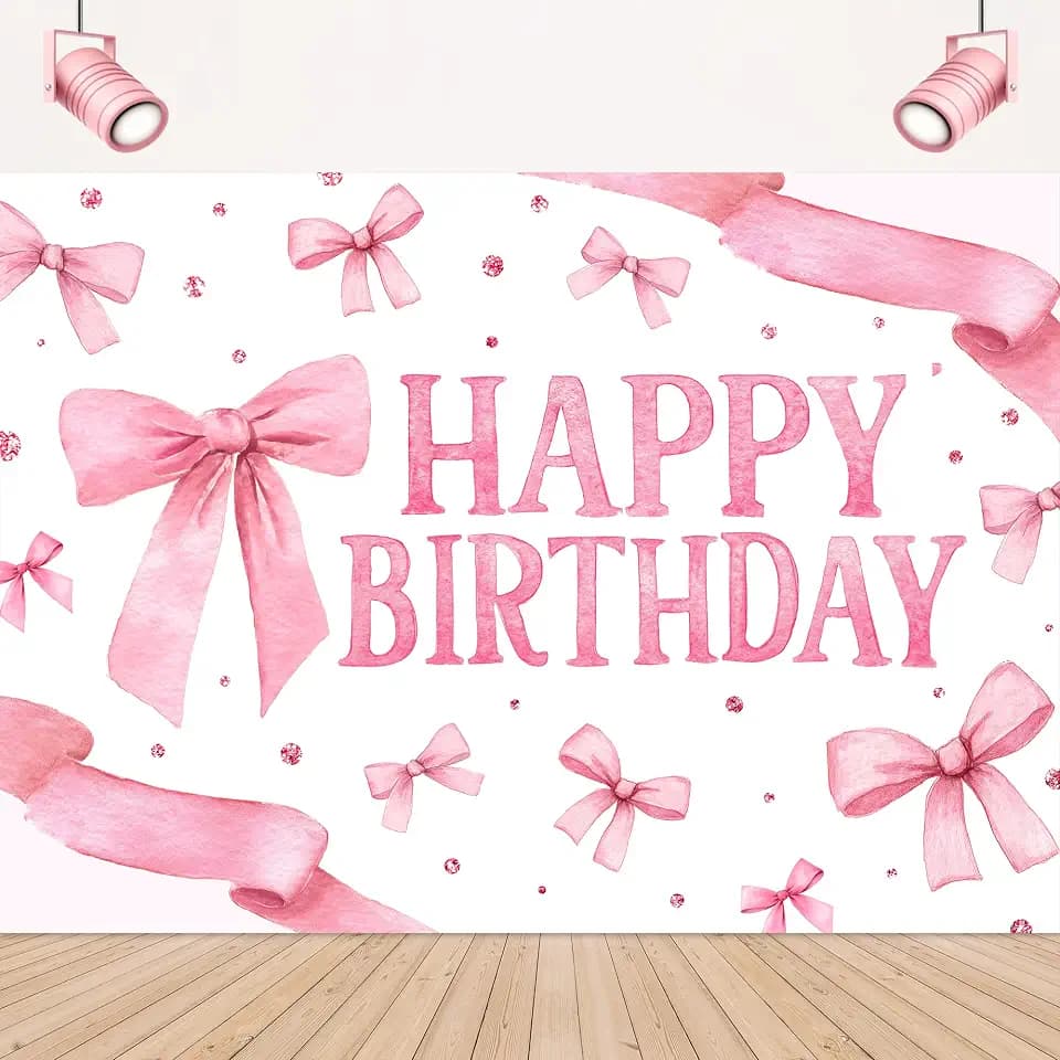 Bow Happy Birthday Decorations Cute Pink Bowknot Conquette Backdrop 7x5ft