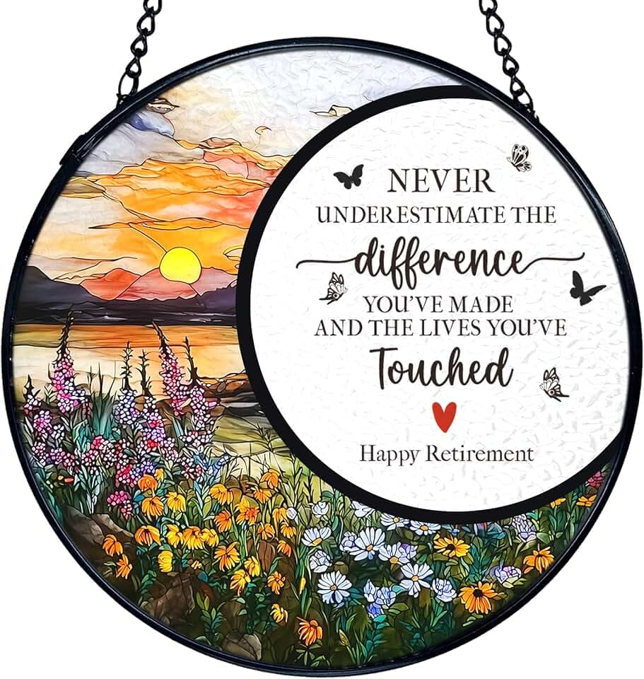 TNUW Retirement Gifts Flower Stained Glass Window Hanging, Difference Maker Gift Sun Catchers Indoor Window Glass Round Wall Art Decor, Retired Gifts for Woman Wall Hanging Decorations, 7.9＂x7.9＂
