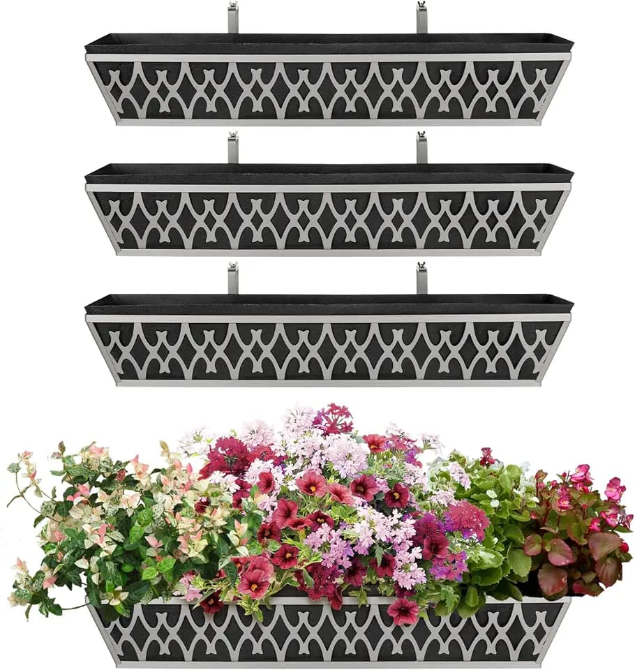 4 Pack 30 Inch Window Boxes Planters Railing Planter Box with Adjustable Brackets & Non-Woven Fabric Plant Grow Bags Deck Railing Planter Boxes Balcony Hanging Flower Box for Outdoor Plants