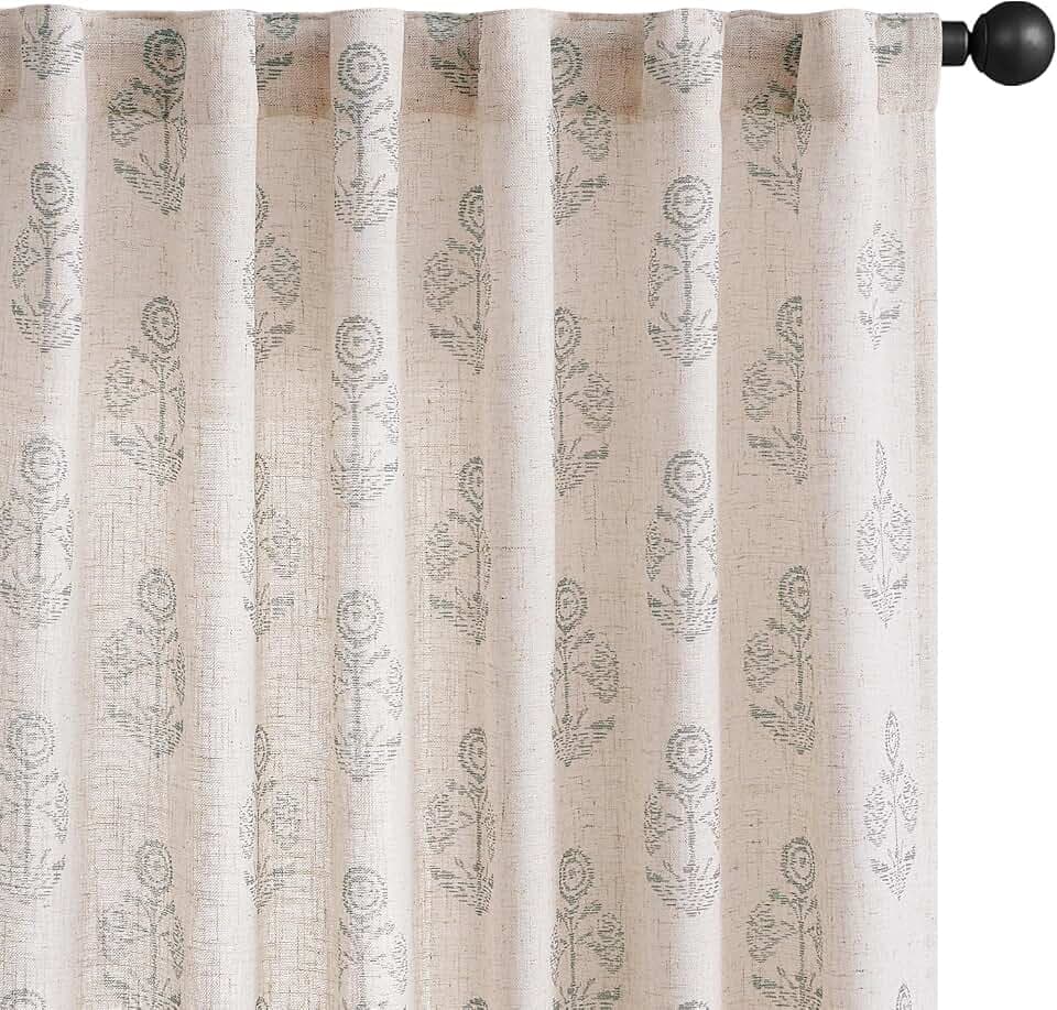 jinchan Floral Linen Grey Curtains 63 Inch Vintage Back Tab 2 Panels