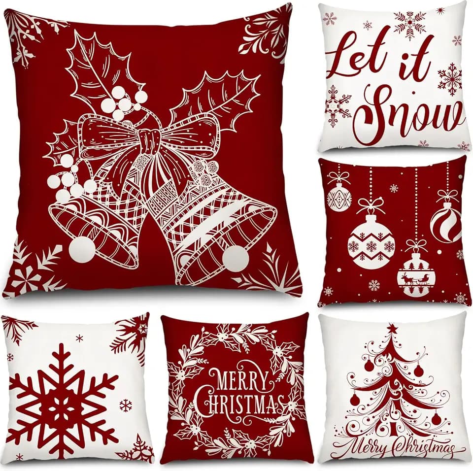 Tatuo 6 Pcs Christmas Pillow Covers, 16 x 16 Inch, Red and White Style