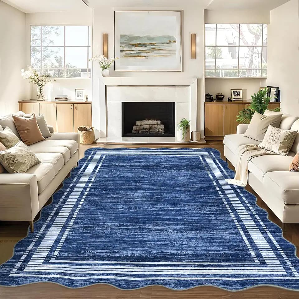 GlowSol Scalloped Solid Area Rug 8x10 Washable Rug for Living Room, Non-Slip Soft Carpet for Bedroom, Scalloped Low-Pile Bordered Print Accent Rug for Bedroom Dining Room Home Office, Navy Blue