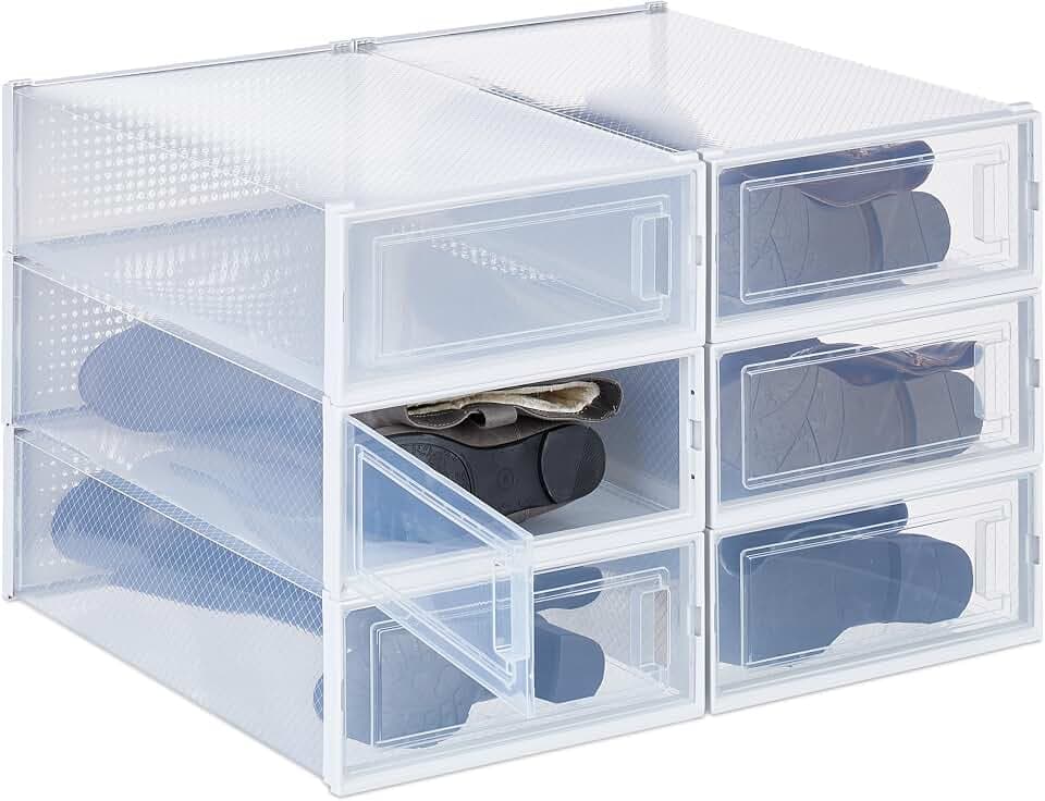 Relaxdays Schuhboxen 6er Set, für Stiefel, Stiefelbox, stapelbar, bis Gr. 44,5, Lüftungsschlitze, faltbar, transparent
