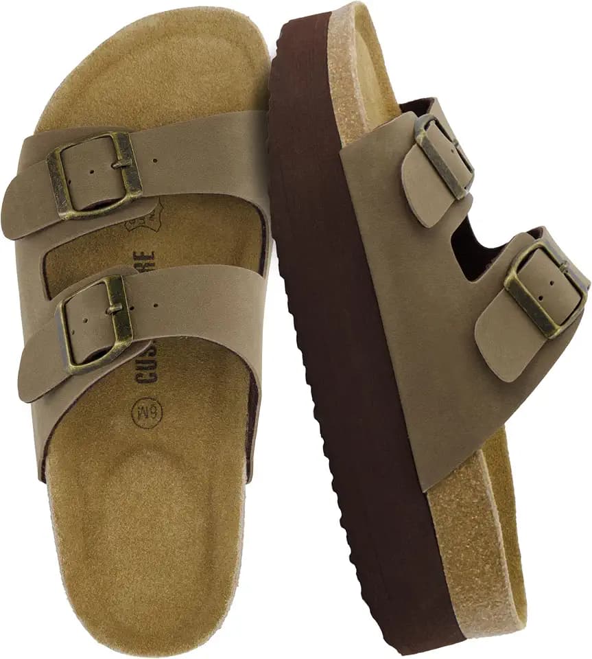 CUSHIONAIRE Plane Platform Sandals for Women with Adjustable Buckles and Genuine Suede Cork Footbed, Memory Foam, Wide Widths Available