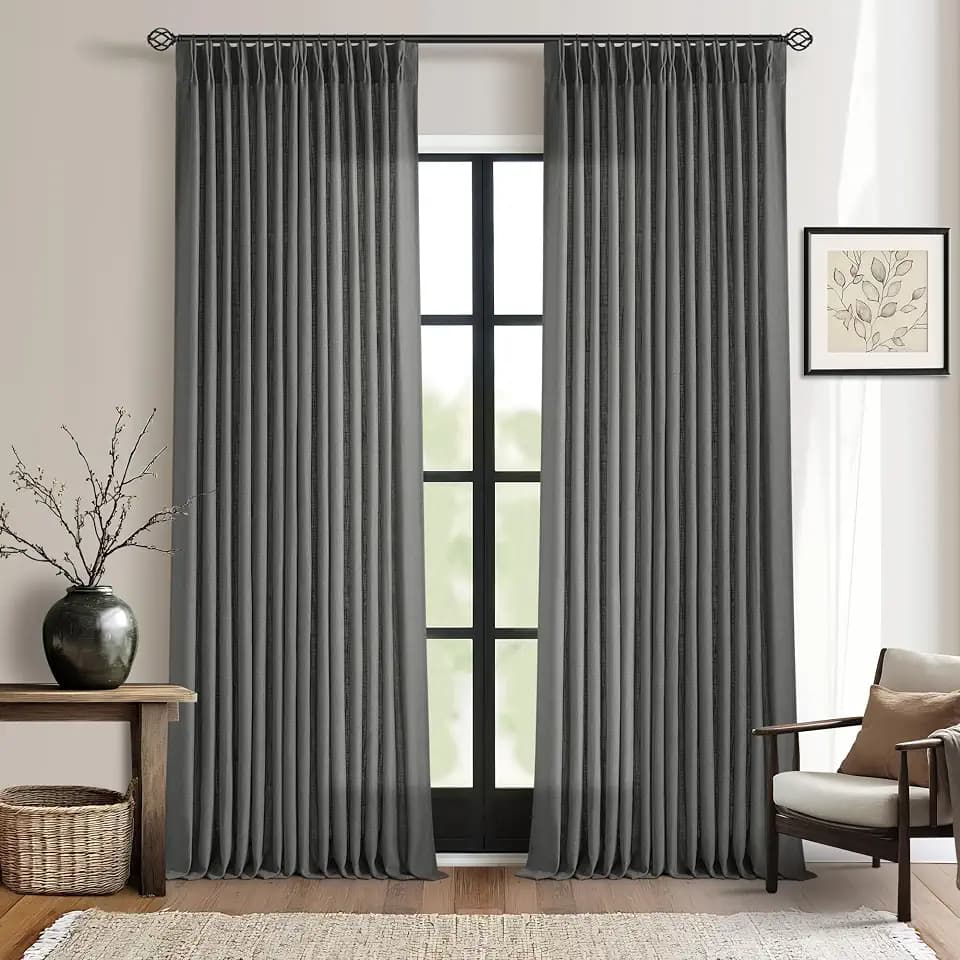 Charcoal Grey Pinch Pleated Linen Sheer Curtains 90 Inches Long 2 Panels