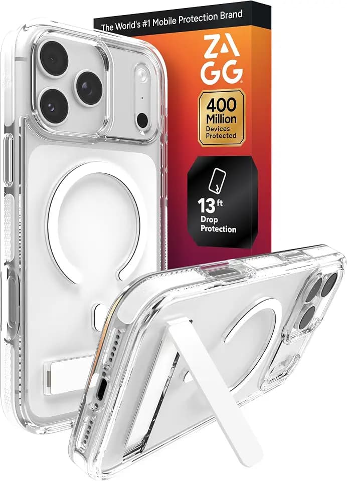 ZAGG Santa Cruz Snap Case with Kickstand for iPhone 17 Pro Max - White, Drop Protection (13ft/4m), MagSafe Charging Compatible, ClearGuard Anti-Yellowing Technology, Scratch Resistant Phone Case
