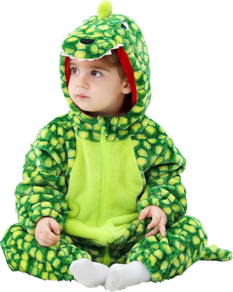 LOLANTA Kleinkinder Dinosaurier Kostüm mit Kapuze, Kinder Halloween Tierkostüm Drachen Flanell Overall, Karneval Kostüm für Kleinkind