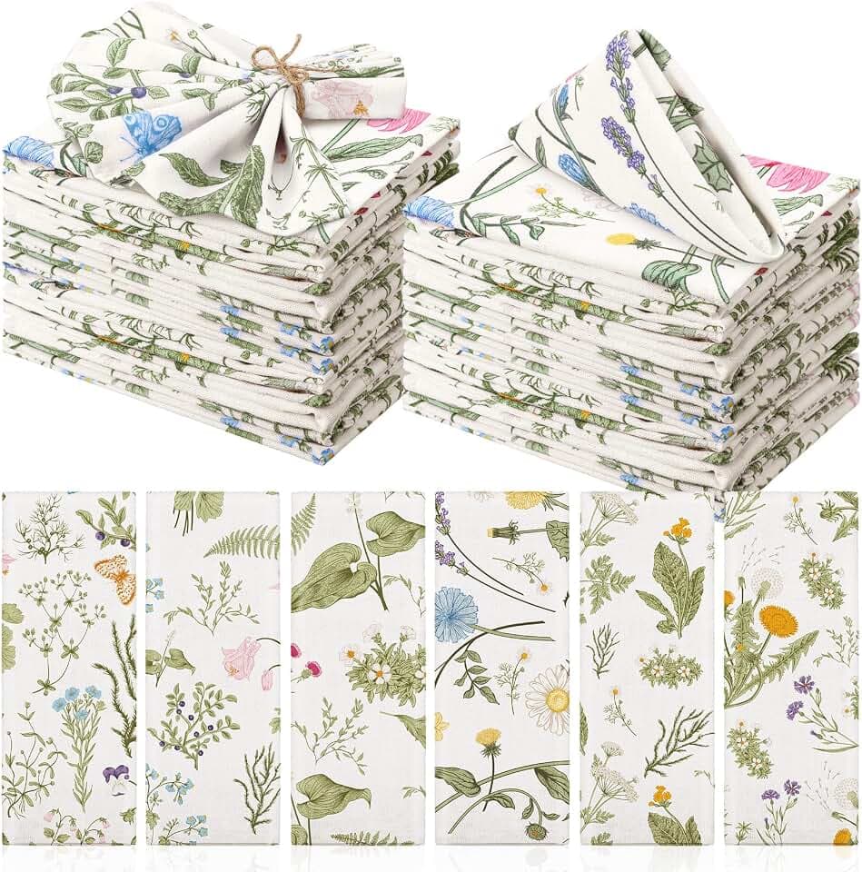 Funnymoom 36 Pcs Herbs Wildflowers Cloth Napkins Green Pink Reusable