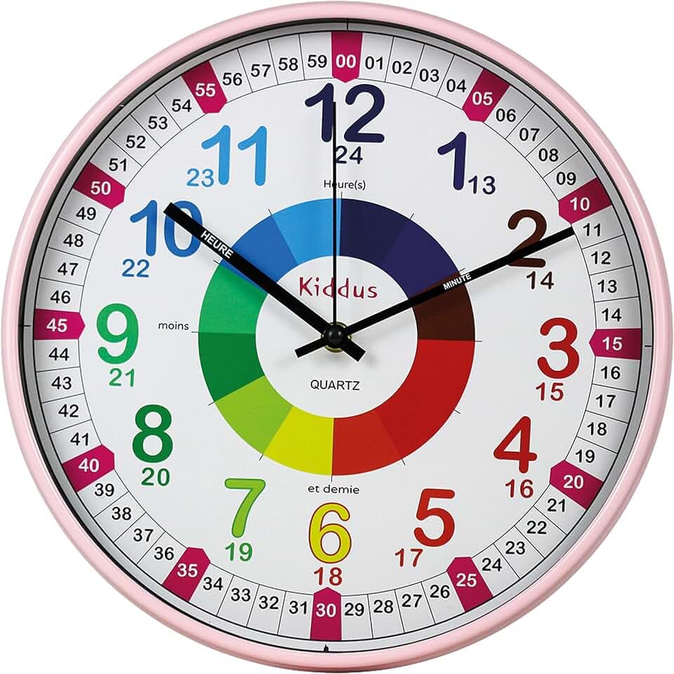 Kiddus Lernuhr Wanduhr Kinder 20cm, Pädagogische Uhr für Jungen & Mädchen, Lautloses Uhrwerk, Zeiger mit Stunde & Minute Beschriftung, Ideal für Schulanfänger - 07 Rose FR 30cm