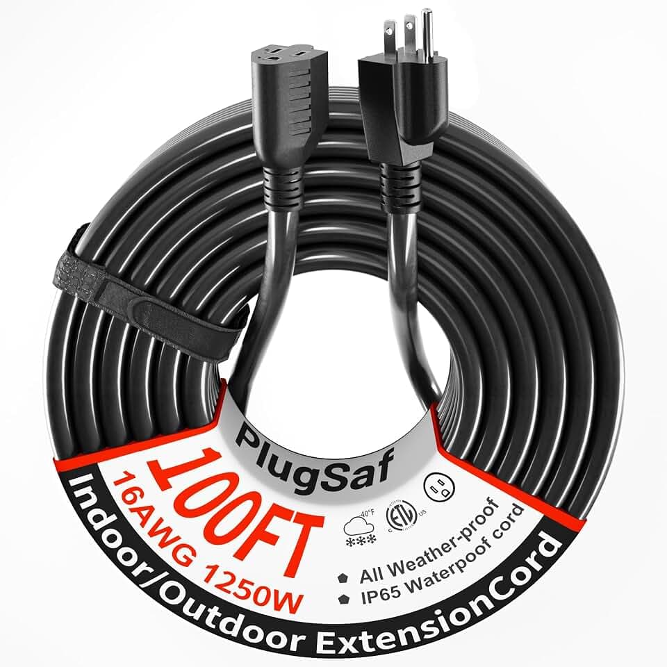 PlugSaf 16/3 100Ft Outdoor Extension Cord, 3 Prong Electric Cord