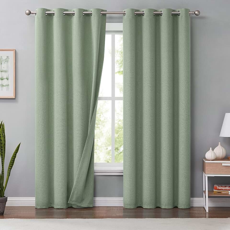 Melodieux Vorhänge Gardinen 100% Blickdicht Leinenoptik 140x245cm, Grün, 2er Set