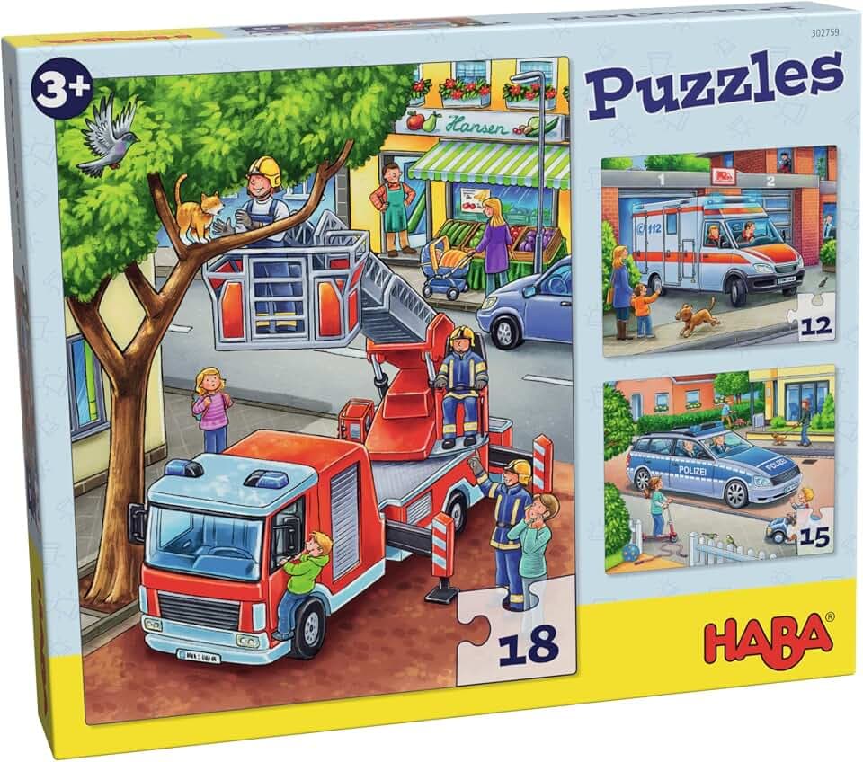HABA Feuerwehr-Puzzle - 3er Set Kinderpuzzle mit Polizei & Rettungswagen