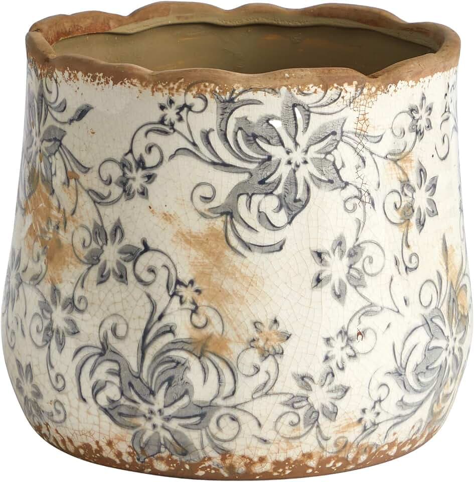 Nearly Natural 7 in Tuscan Ceramic Gray Scroll Decorative Planter