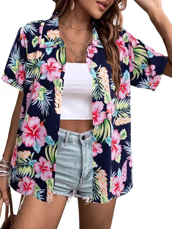 Hawaiian Shirts for Women Hawaii Outfit Summer Tropical Print Tops Shirt
