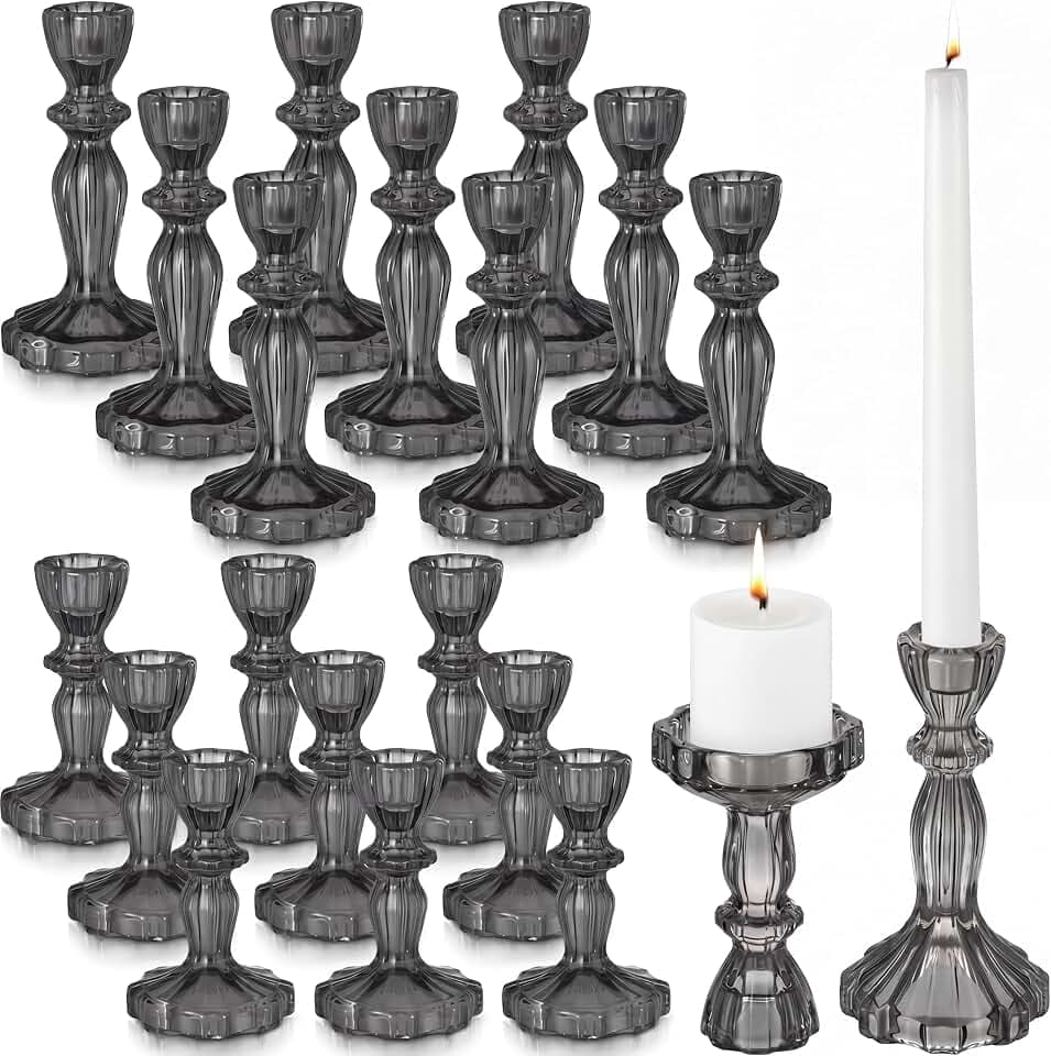 24 Glass Candleholders Candlestick Holder Set 4.3/6.1'', Black