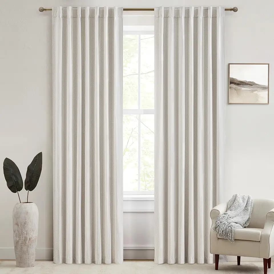 100% Blackout Curtains 92 Inches Long for Living Room 2 Panels Set, Room Darkening Energy Saving Curtain Window Coverings Elegant Flax Linen Hook Belt Pleated Drapes Aesthetic Bedroom(W50"xL92",Birch)