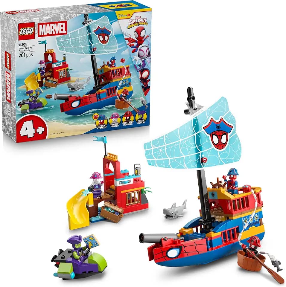 LEGO ǀ Piratenschiff von Spideys Team - Superhelden Set mit einem Schiffsmodell, 2 Booten, 4 Minifiguren - Geschenk für Jungen ab 4 Jahren und Fans der Serie Spidey und Seine Super-Freunde - 11208