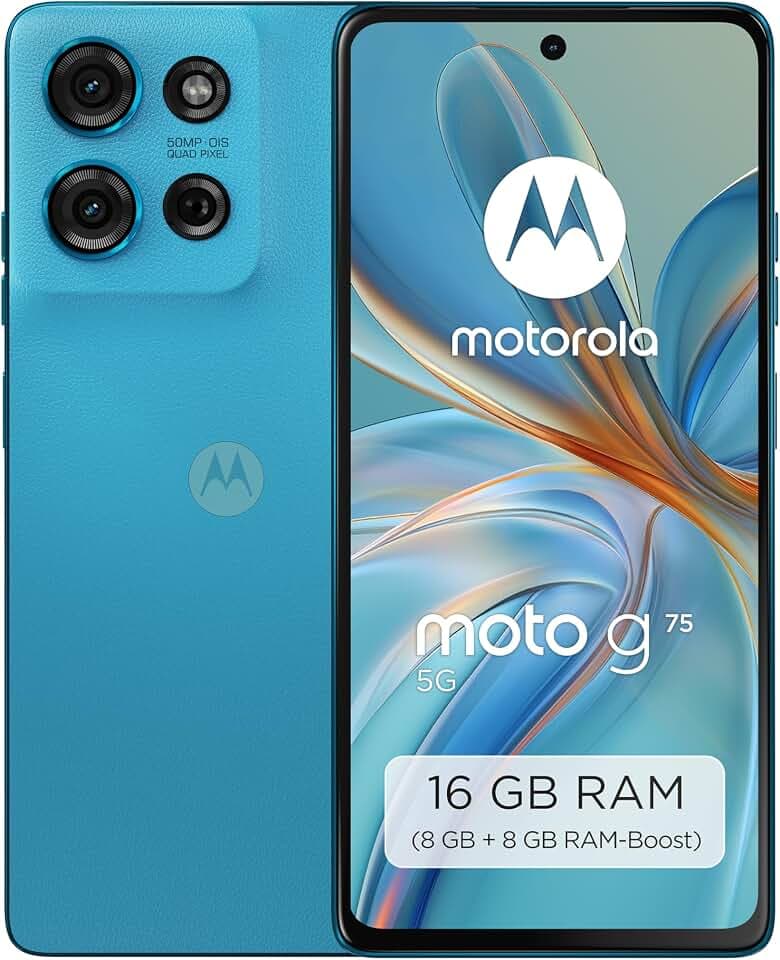 Motorola Moto g75 5G Smartphone (Robustes 6,78"-Display Dank Corning Gorilla Glass 5, 8/256 GB, 50-MP-Kamera, widerstandsfähig, extrem temperaturbeständig) Aqua Blue, inkl. Schutzcover