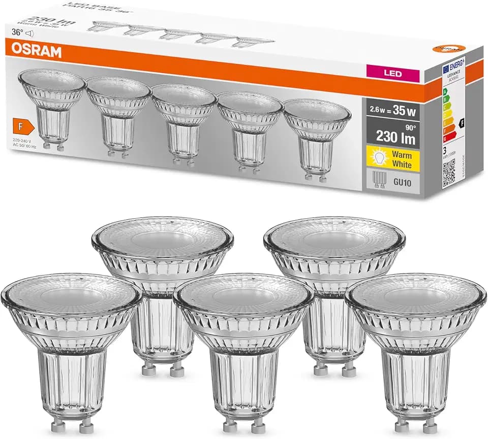 Osram LED Base PAR16, Sockel: GU10, Nicht Dimmbar, Warmweiß, Ersetzt eine herkömmliche 35 Watt Lampe, 36 Grad Abstrahlwinkel, 5-er Pack