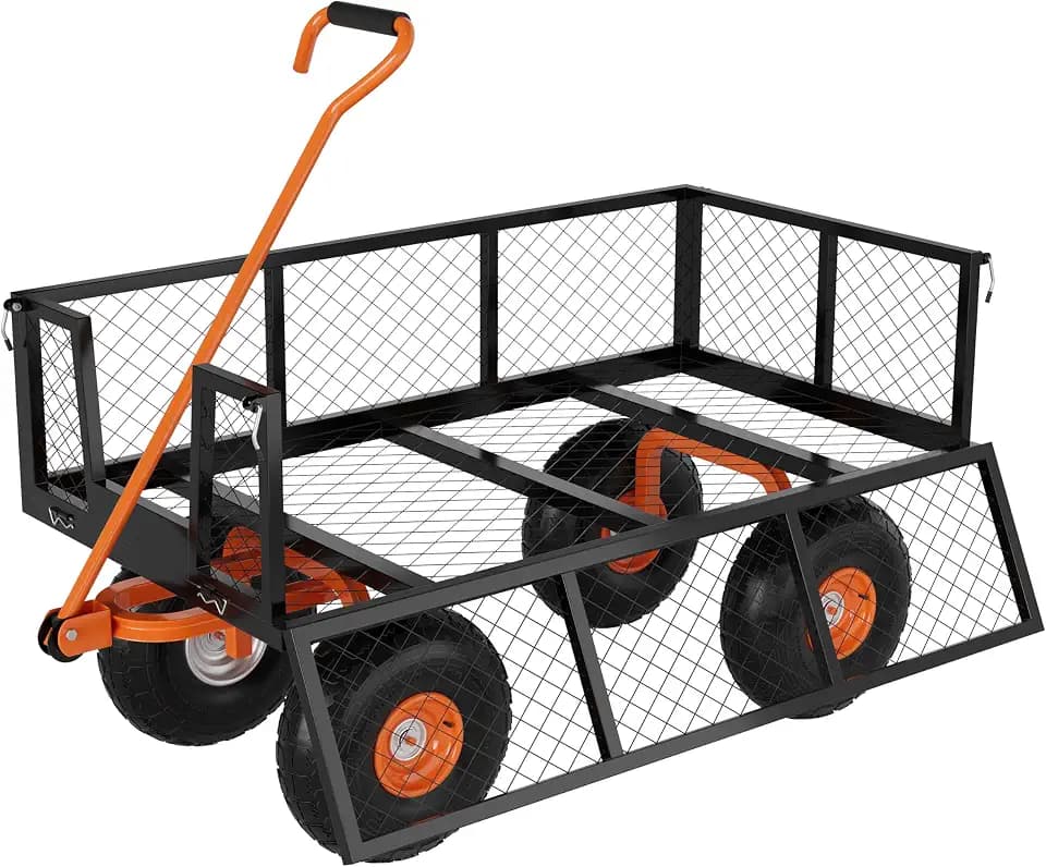 GarveeLife Heavy Duty Steel Garden Cart, 500 LBS Capacity 3 in 1 Pullable Garden Wagon with 10 in Wheels, for Gardening Soil, Tools, and Plant Transport