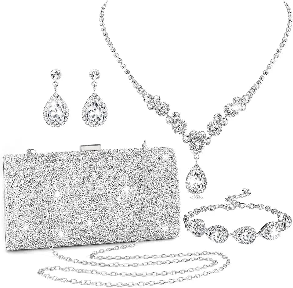 FEYIR Clutch Purse Jewelry Set for Women Evening Bags Rhinestone Crystal Necklace Earrings Bracelet Set Formal Wedding Bridal Accessories Jewelry for Prom