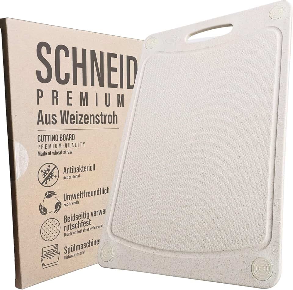 Schneidebrett Spülmaschinenfest aus Weizenstroh - stärker Alternative zu Kunststoff & Holz | ÖKO Antibakteriell | Beidseitig verwendbar | Rutschfest Küchenbrett | Küchen Zubehör | Groß 37x25x0.8cm