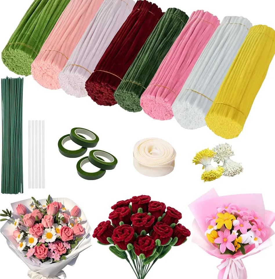 800 PCS Pipe Cleaners Craft Kit for Flowers Making, DIY Flower Bouquet Kit with Wrapping Paper, Floral Tape, Stems & Instructions for Kids Adults Arts and Crafts