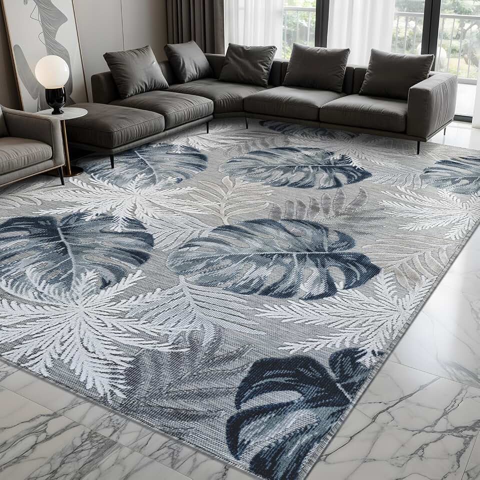 Luul Home Floral Indoor Outdoor Rugs 10x14 Large Area Rug for Living Room, Patio Decor, Kitchen, and Entryway Rug, Washable Stain Resistant Outside Carpet Blue 10 x 14
